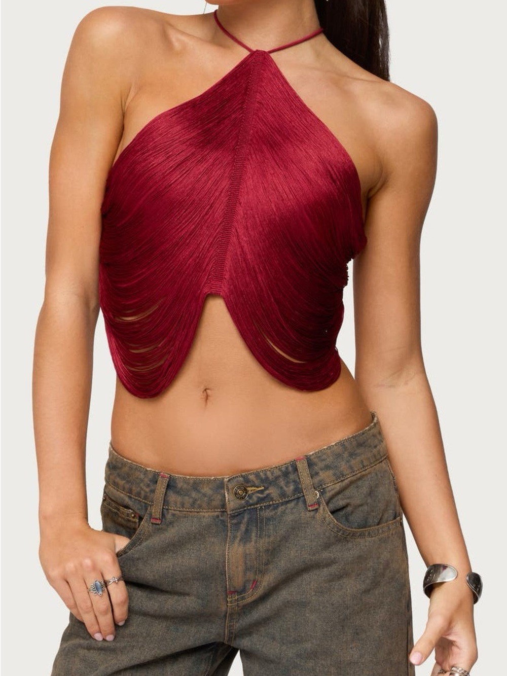 Edikted Burgundy Fringe Halter Crop Top